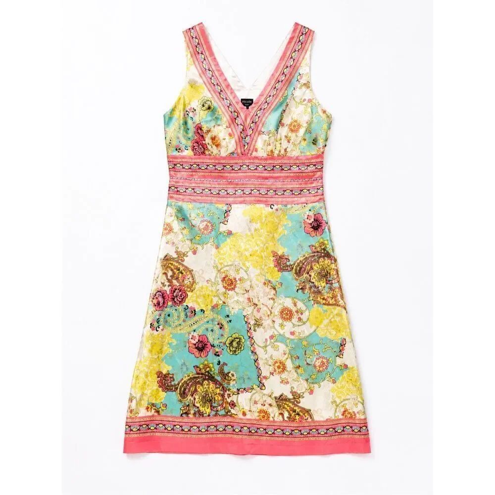 Nicole Miller Silk Blend Paisley Floral Sleeveless Dress Size 4 Boho Y2K